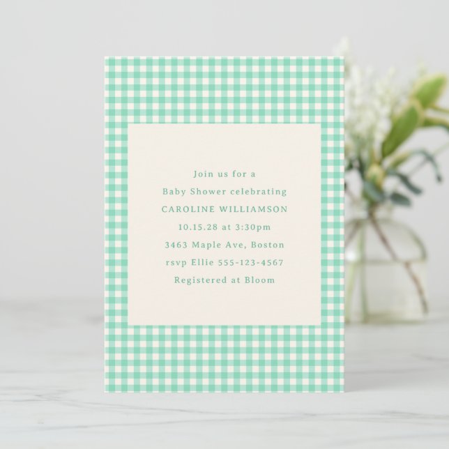Mint Green Gingham Plaid Cute Summer Baby Shower Invitation (Standing Front)