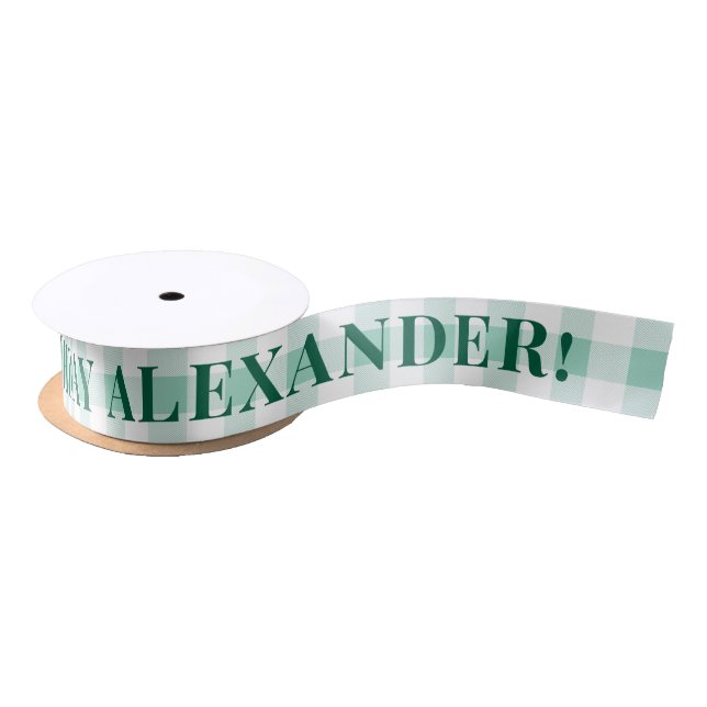 Mint Green Gingham Plaid Green Text Happy Birthday Satin Ribbon (Spool)