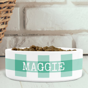 Mint Green Gingham Plaid Personalised Dog Bowl
