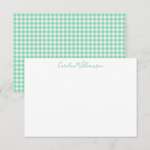 Mint Green Gingham Plaid Preppy Script Name Card