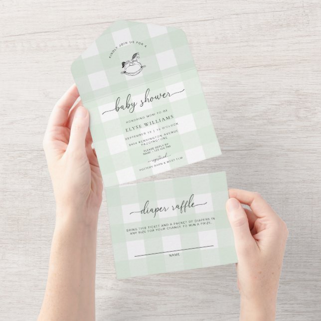 Mint Green Gingham Rocking Horse Baby Shower All In One Invitation (Tearaway)