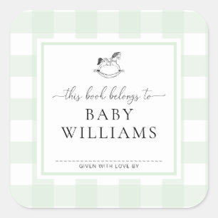 Mint Green Gingham Rocking Horse Bookplate Sticker