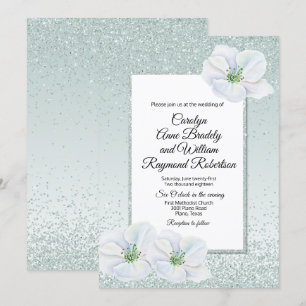 Mint Green Glitter and Flowers Wedding Invitation