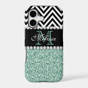 MINT GREEN GLITTER BLACK CHEVRON MONOGRAMMED