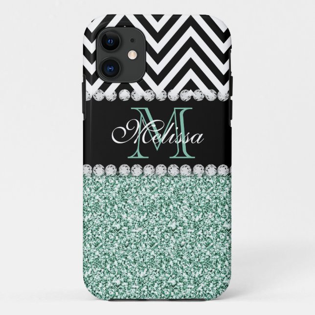 MINT GREEN GLITTER BLACK CHEVRON MONOGRAMMED Case-Mate iPhone CASE (Back)