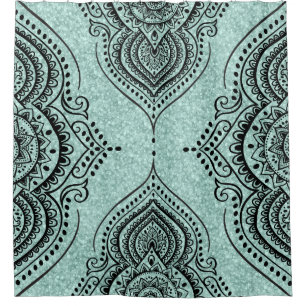 Mint-Green Glitter & Black Lace Floral Ornament Shower Curtain