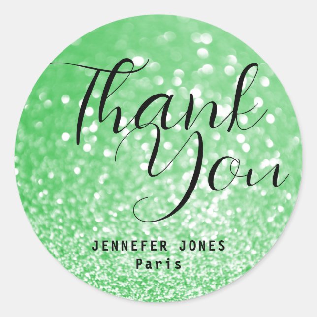 Mint Green Glitter Crystal Bokeh Thank You Labels (Front)