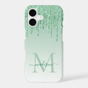 Mint Green Glitter Drips Sparkle Monogram Script