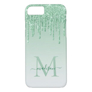 Mint Green Glitter Drips Sparkle Monogram Script iPhone 8/7 Case
