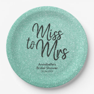 Mint Green Glitter Girly Miss to Mrs Bridal Shower Paper Plate
