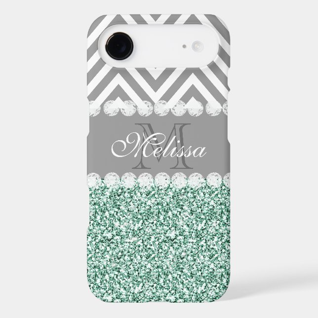 MINT GREEN GLITTER, GRAY CHEVRON, MONOGRAMMED Case-Mate iPhone CASE (Back)