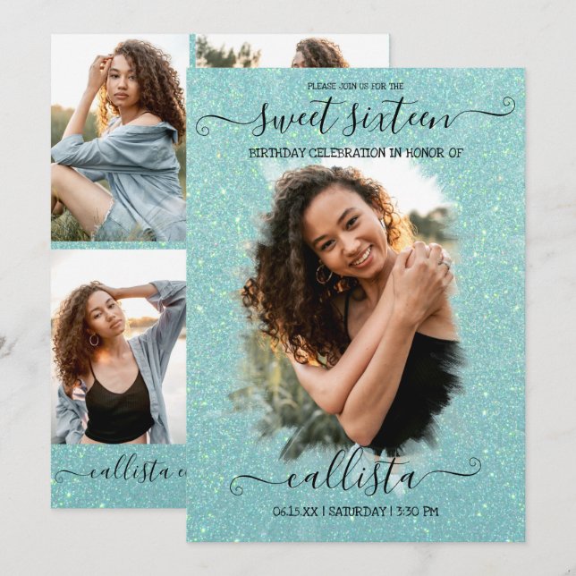Mint Green Glitter Halo Photo Collage Sweet 16 Invitation (Front/Back)