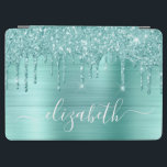 Mint Green Glitter Monogram iPad Air Cover<br><div class="desc">Custom elegant and girly ipad cover featuring light mint green faux glitter dripping on a light mint green faux brushed metallic background. Monogram with your name in a stylish white script with swashes.</div>