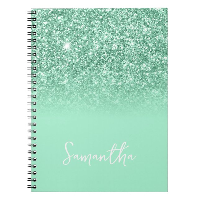 Mint Green Glitter Ombre Name Notebook (Front)