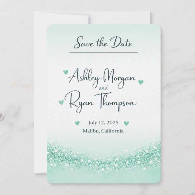 Mint Green Glitter Save the Date Card  (Front)