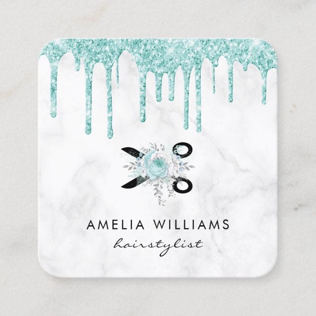 Mint green glitter scissors floral hairstylist square business card (Front)