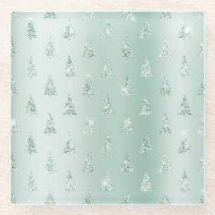 Mint Green Glitter Sparkle Christmas Trees Glass Coaster