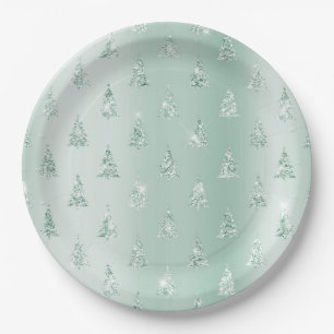Mint Green Glitter Sparkle Christmas Trees     Paper Plate
