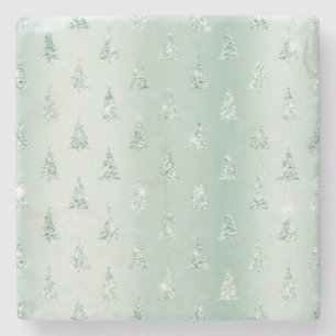 Mint Green Glitter Sparkle Christmas Trees Stone Coaster