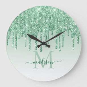 Mint Green Glitter Sparkle Glam Dripping Monogram Large Clock