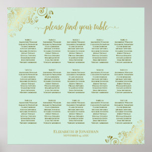 Mint Green & Gold 15 Table Wedding Seating Chart