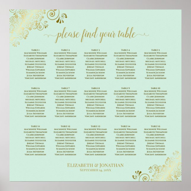 Mint Green & Gold 15 Table Wedding Seating Chart (Front)