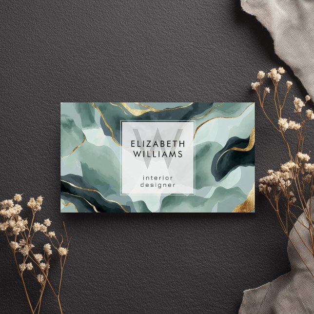 Mint Green Gold Abstract Monogram Business Cards (Creator Uploaded)