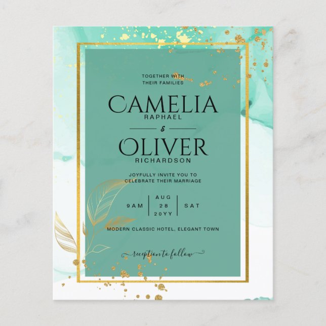 Mint Green Gold Alcohol Ink Abstract Wedding Flyer (Front)