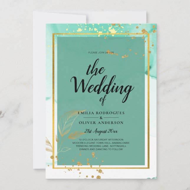 Mint Green Gold Alcohol Ink Abstract Wedding Invitation (Front)