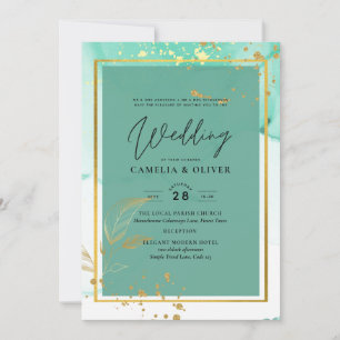 Mint Green Gold Alcohol Ink Abstract Wedding Invitation