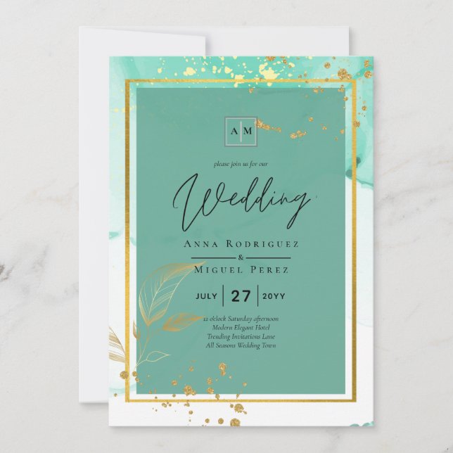 Mint Green Gold Alcohol Ink Abstract Wedding Invitation (Front)