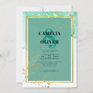 Mint Green Gold Alcohol Ink Abstract Wedding Invitation