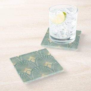 Mint green,gold,Art Deco pattern,vintage,retro ,M Glass Coaster