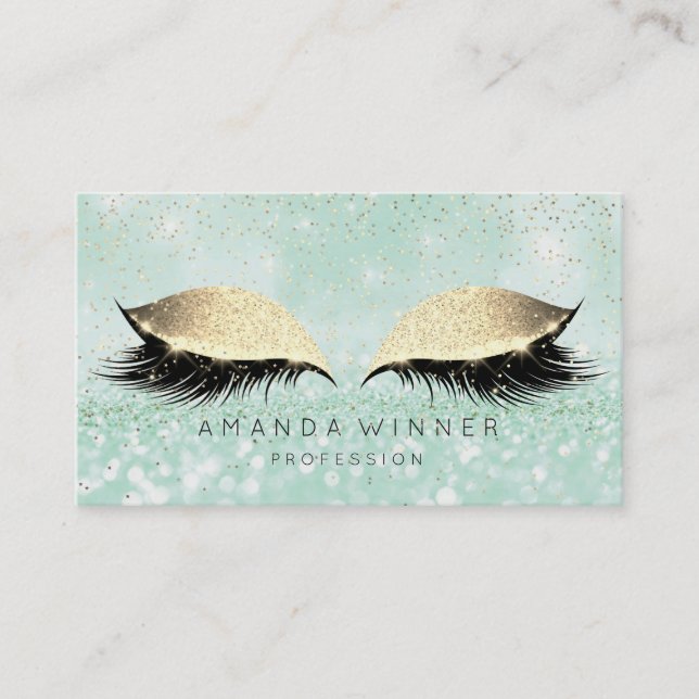Mint Green Gold Blush Lashes Makeup Glitter Beauty Appointment Card (Front)