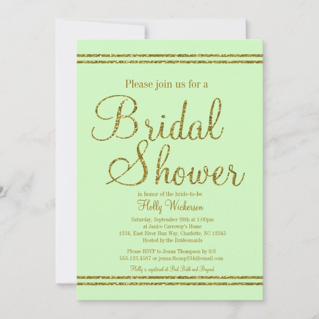 Mint green & Gold Bridal Wedding shower invitation (Front)