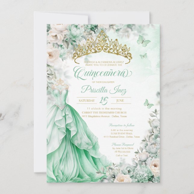 Mint Green Gold Butterfly Princess Quinceañera Invitation (Front)