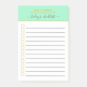 Mint Green Gold Checklist Personalised To do List Post-it Notes