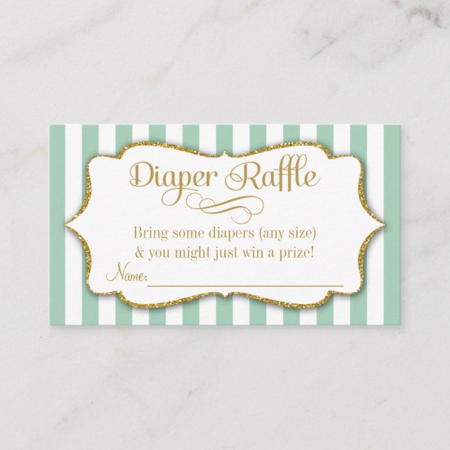 Mint Green Gold Diaper Raffle Baby Shower Cards (Front)