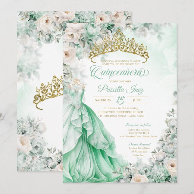 Mint Green Gold Elegant Princess Quinceañera Invitation (Front/Back)