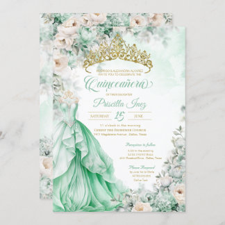 Mint Green Gold Elegant Princess Quinceañera Invitation