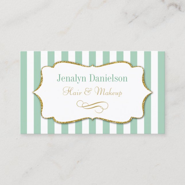 Mint Green Gold Elegant Stripe Business Cards Sage (Front)