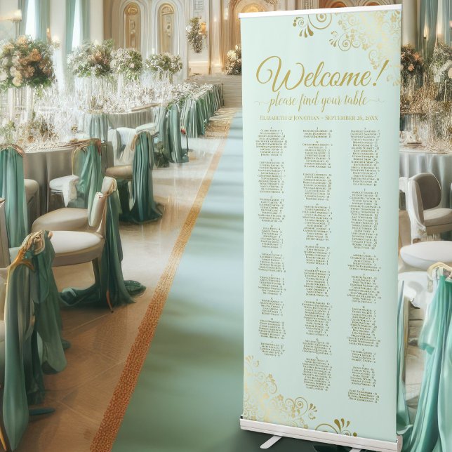 Mint Green & Gold Fancy Alphabetical Seating Chart Retractable Banner (Creator Uploaded)