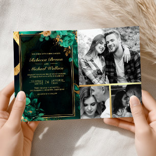 Mint Green Gold Floral Marble QR Code Wedding Invitation