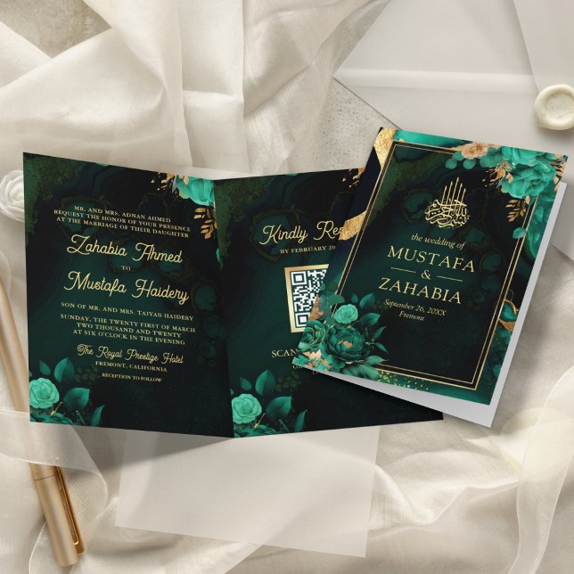 Mint Green Gold Floral QR Code Muslim Wedding Invitation (Creator Uploaded)