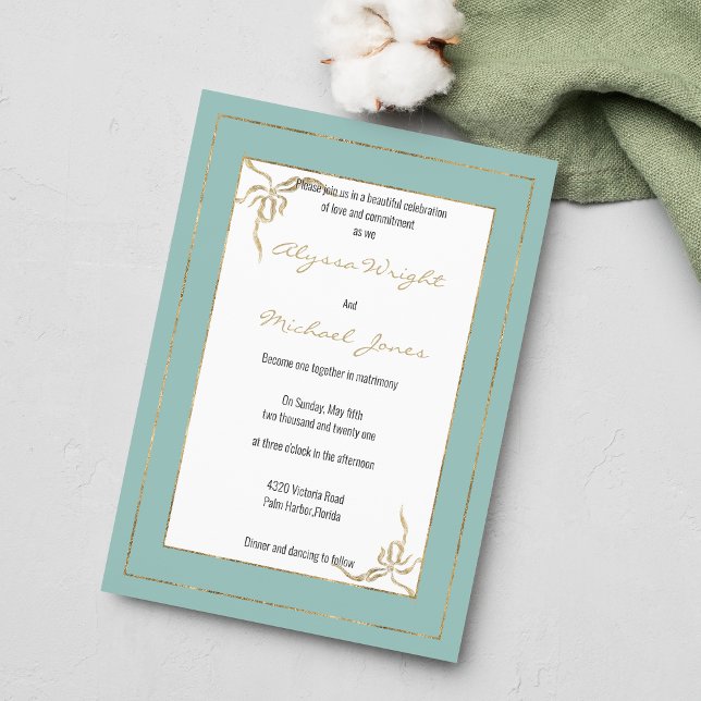Mint green gold geometric glam bow Wedding Invitation (Mint green gold geometric glam bow Wedding )