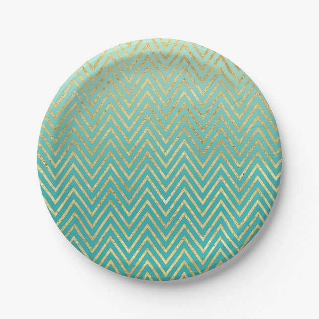 Mint Green Gold Glam Chevron Ombre Paper Plate (Front)