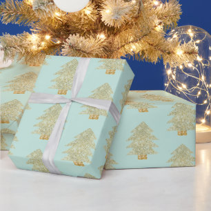 Mint Green Gold Glitter Christmas Trees Wrapping Paper