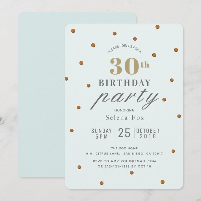 Mint Green & Gold Glitter Dots Birthday Invitation (Front/Back)