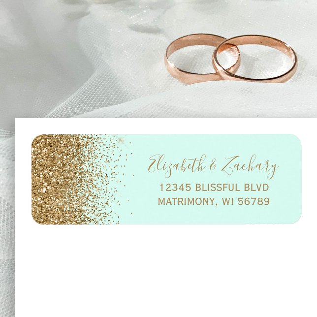 Mint Green Gold Glitter Wedding Return Address (Creator Uploaded)