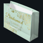 Mint Green & Gold Lace Elegant Bridesmaid Large Gift Bag<br><div class="desc">This beautiful gift bag is designed as a wedding gift or favour bag for Bridesmaids. It features an elegant mint green and gold design with golden lace frills in the corners the text "Bridesmaid" as well as a place to enter her name, the couple's name, and the wedding date. Fill...</div>
